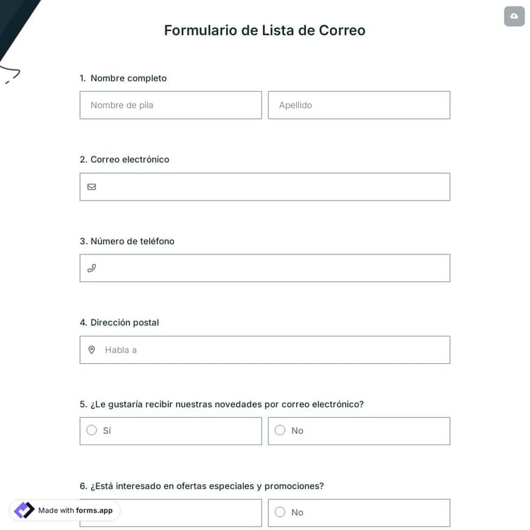 Formulario de Lista de Correo