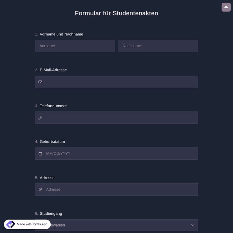 Formular für Studentenakten