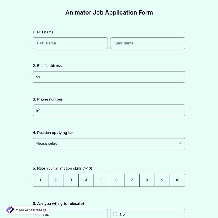 Animator Job Application Form