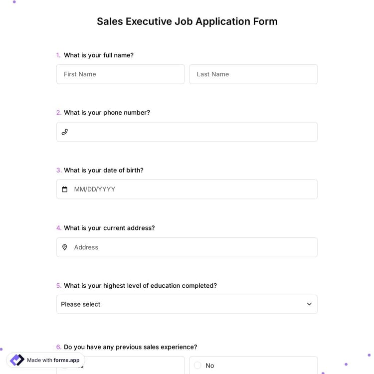 Sales Executive Job Application Form