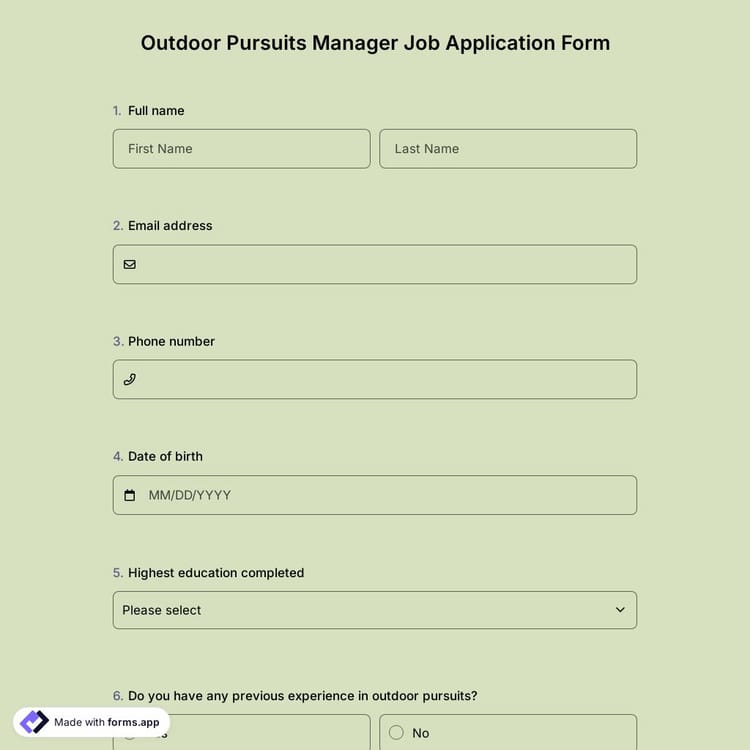 Outdoor Pursuits Manager Job Application Form