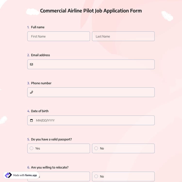 Commercial Airline Pilot Job Application Form