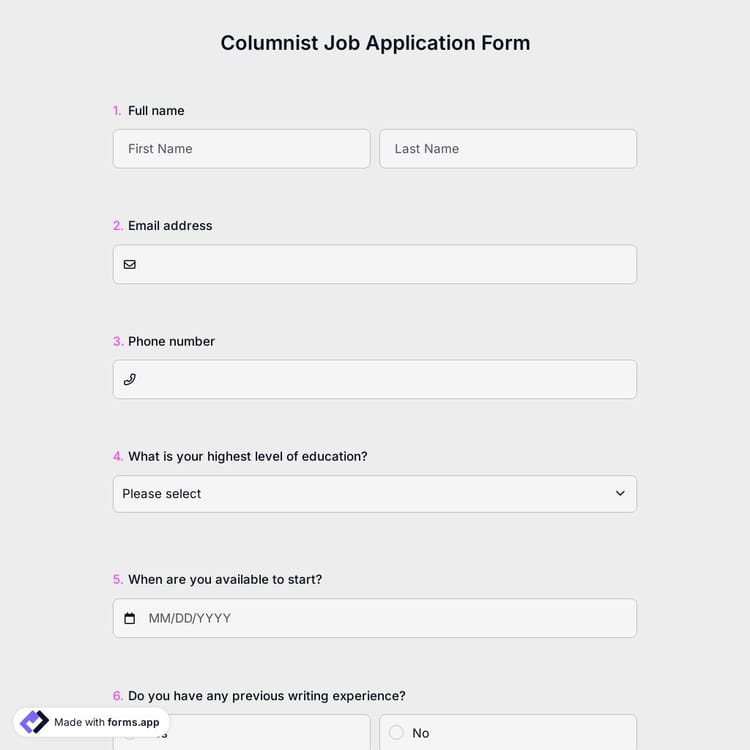 Columnist Job Application Form
