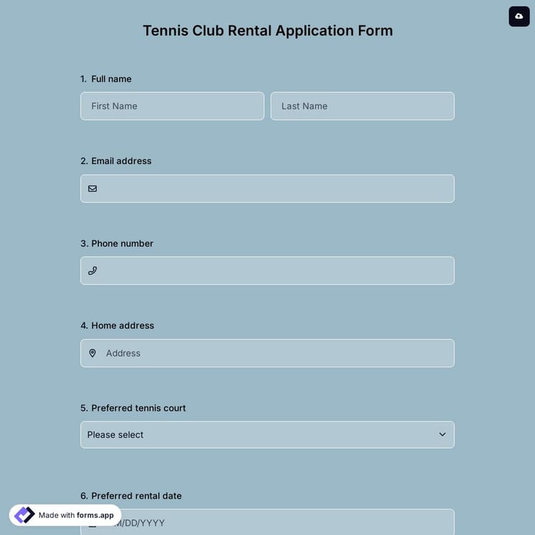 Tennis Club Rental Application Form