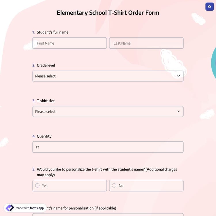 Elementary School T-Shirt Order Form