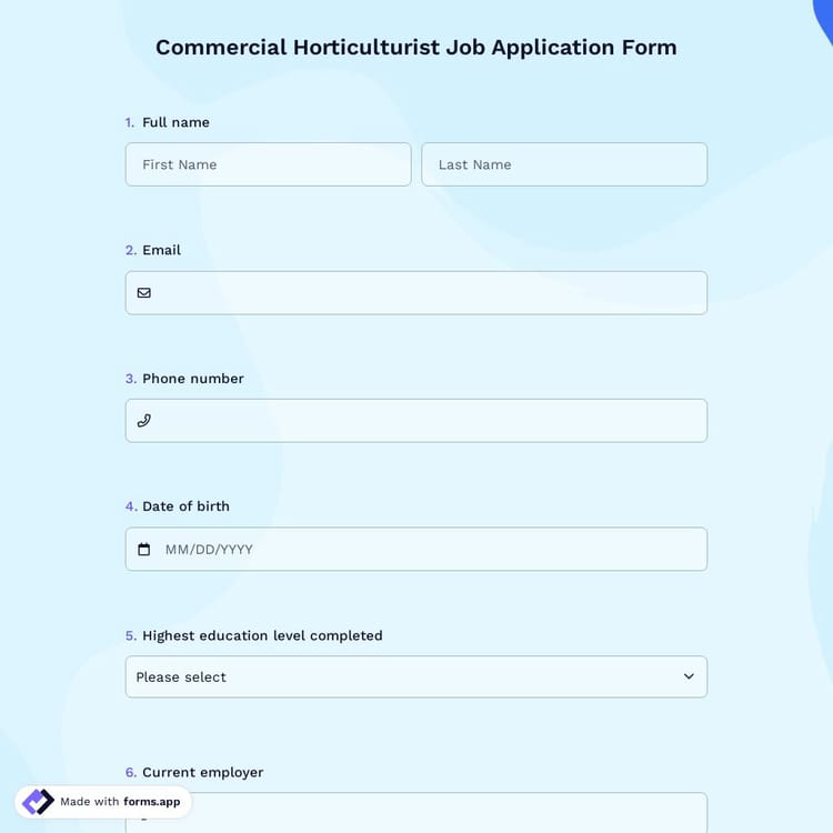 Commercial Horticulturist Job Application Form