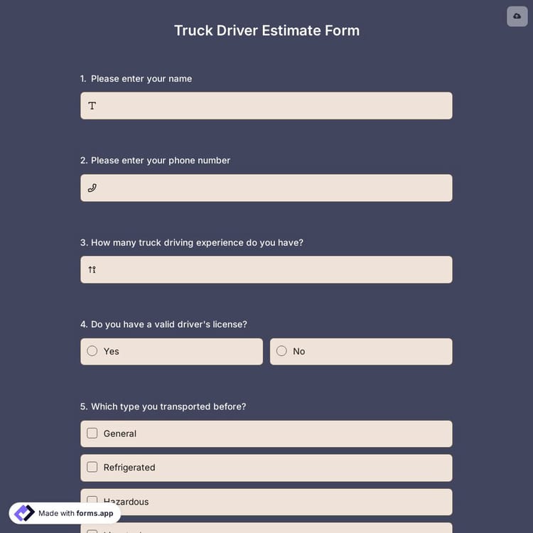 Truck Driver Estimate Form