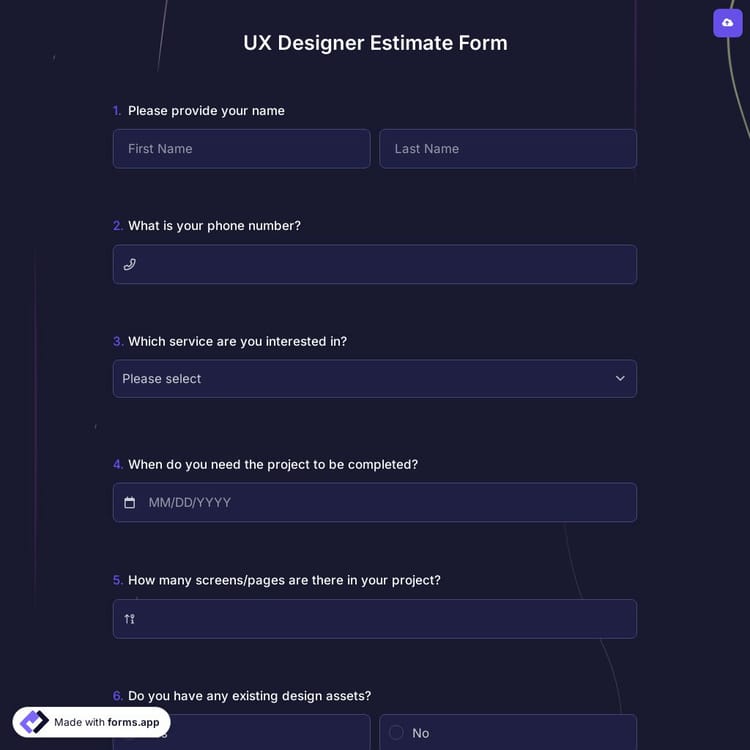 UX Designer Estimate Form