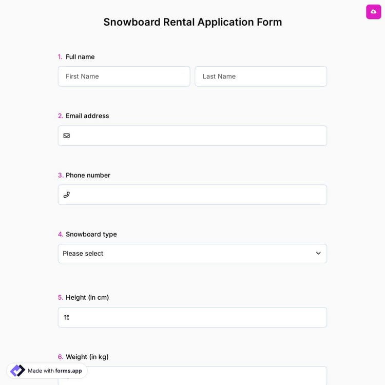 Snowboard Rental Application Form